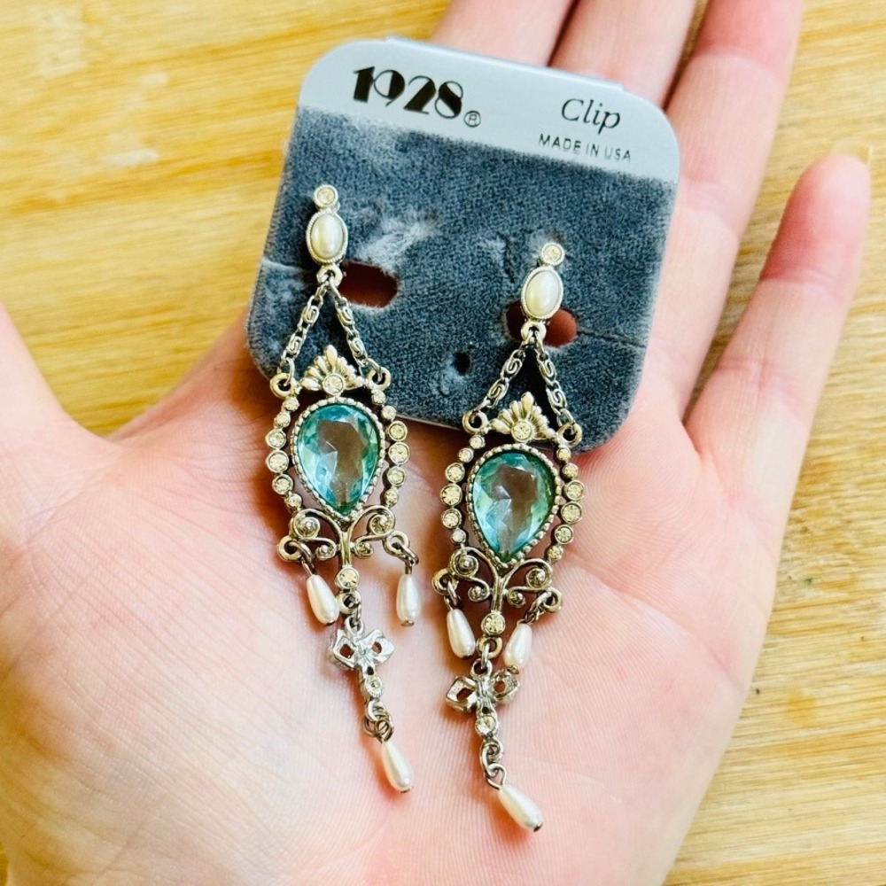VTG 1928 Co Earrings Chandelier Dangle Faux Aquamarine Pearl Victorian Style 3"